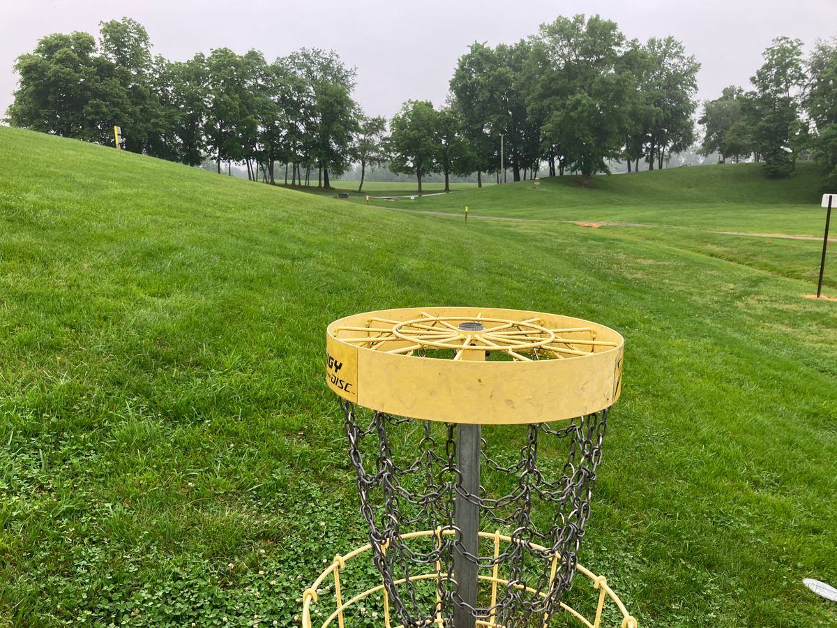 Hole 9 basket looking at Hole 9 tee box.