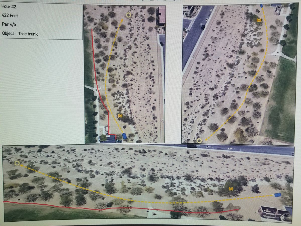Hole 2 throws from a concrete electrical box. Mando tree and OB field ensure you follow the fairway. Obj. Tree protected by guardian trees.