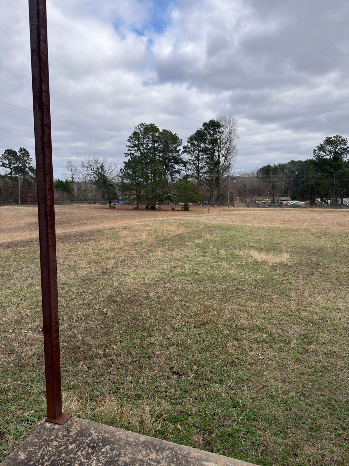 Hole 1, basket behind trees to the left