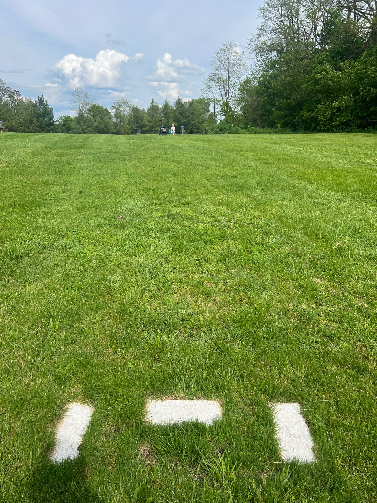 Hole 2 Tee Pad - CAREFUL! You are throwing toward the blue basket on the far RIGHT