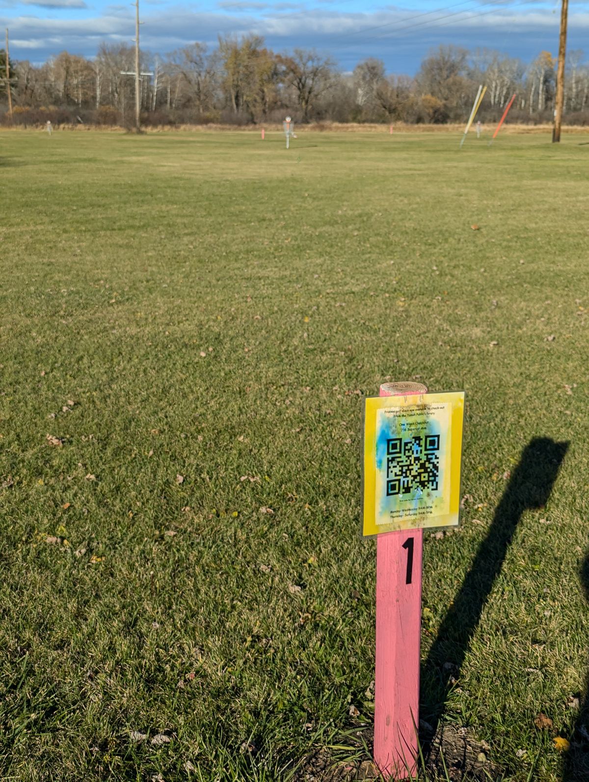 Hole 1 tee box facing basket 1