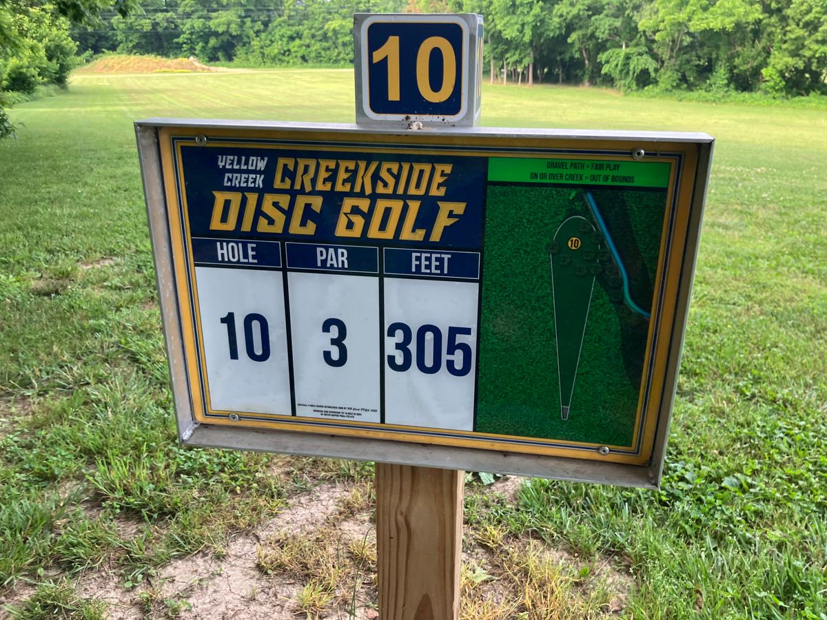 Hole 10 tee sign. Creek is OB.