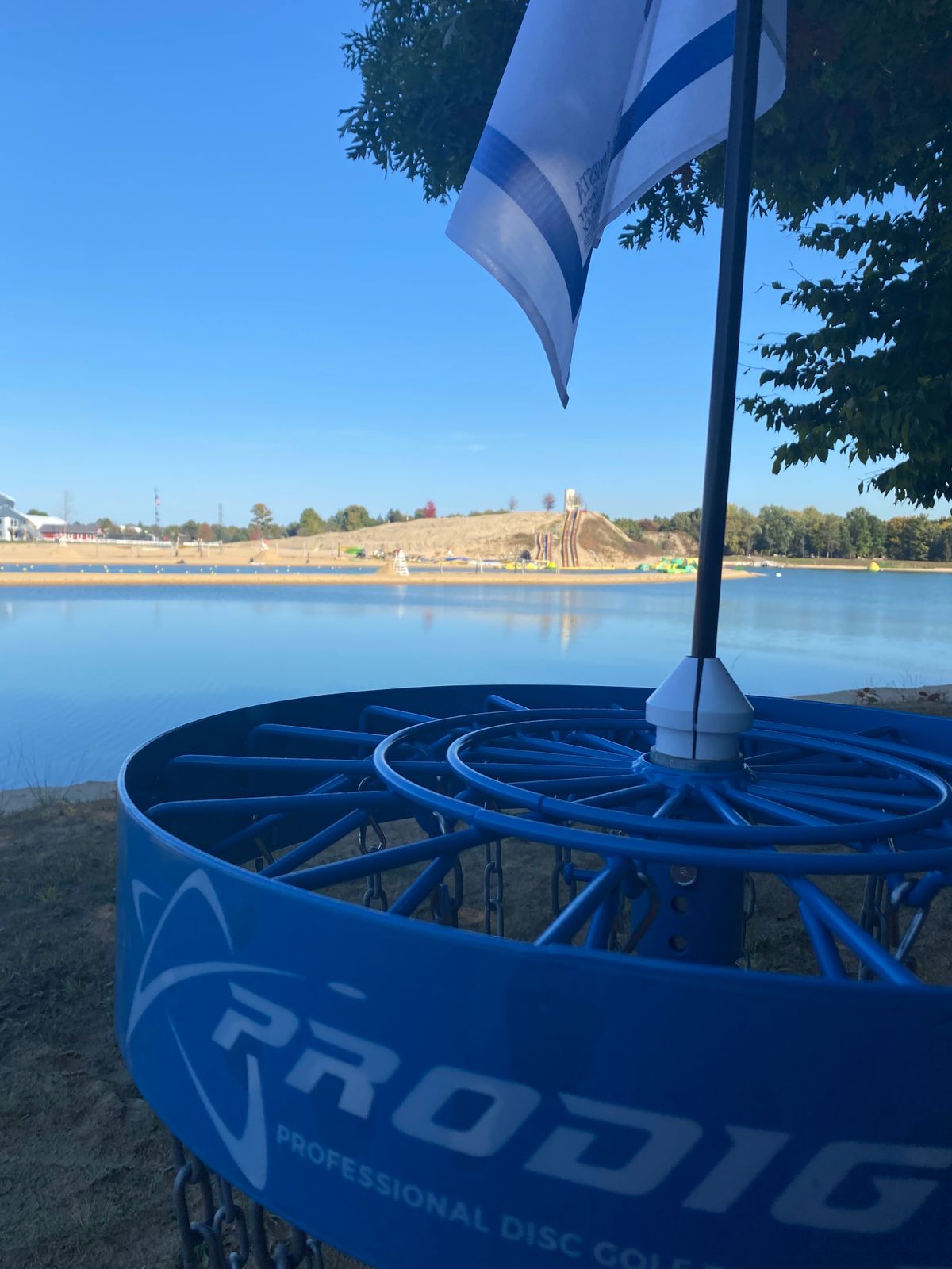 Beautiful look over hole 15s basket (elite placement) staring back across the water towards hole 1.