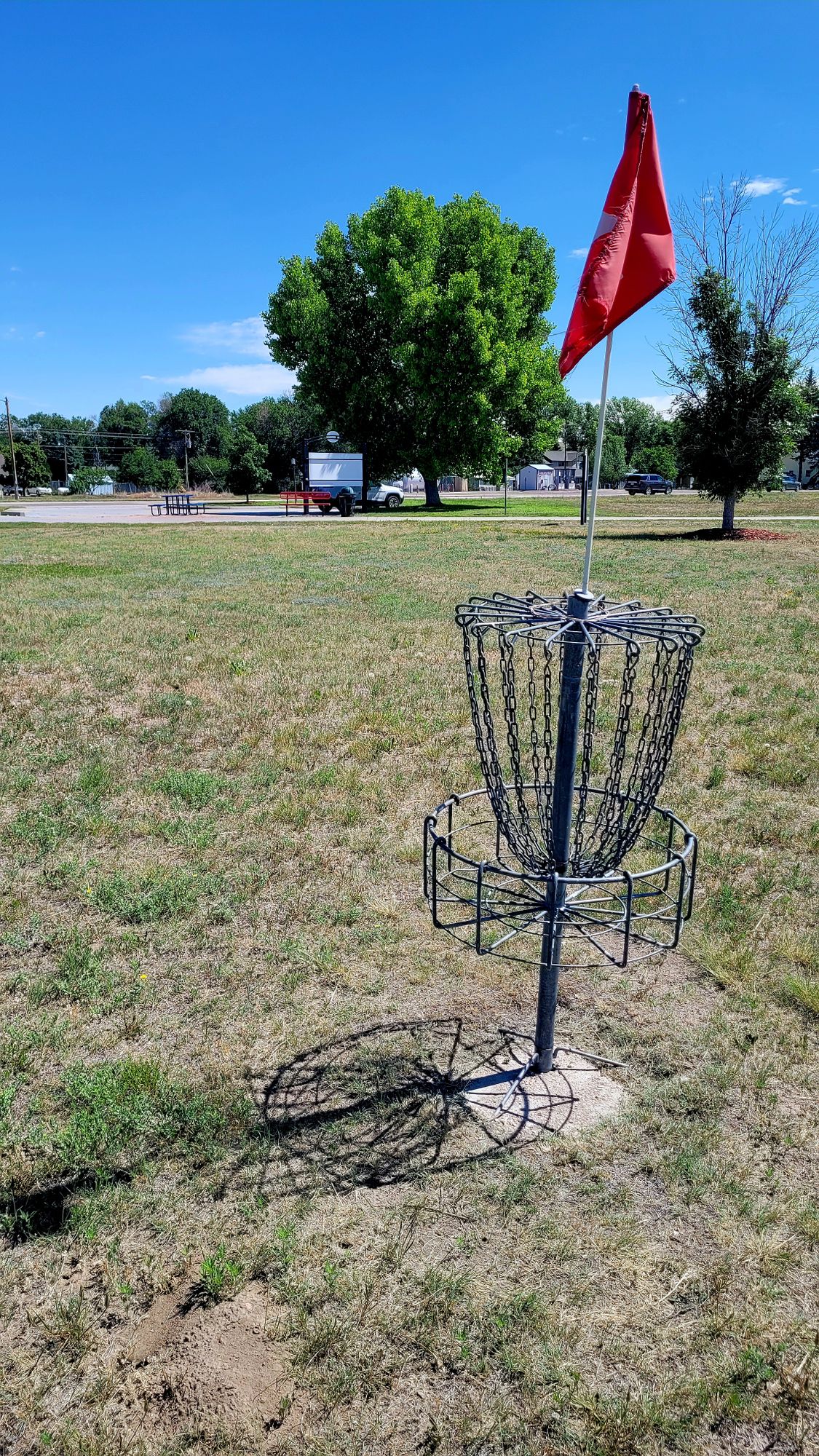 Hole 1 basket looking back at tee.