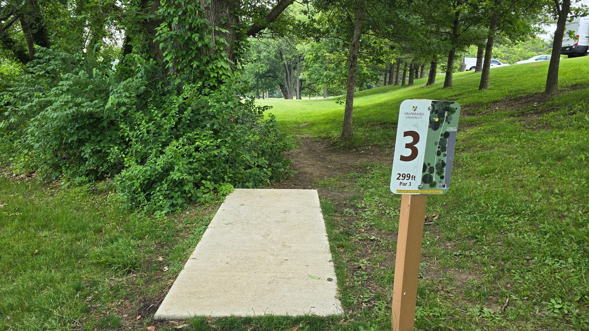 Hole 3 - Basket is around a dogleg right at the end of the parking lot.