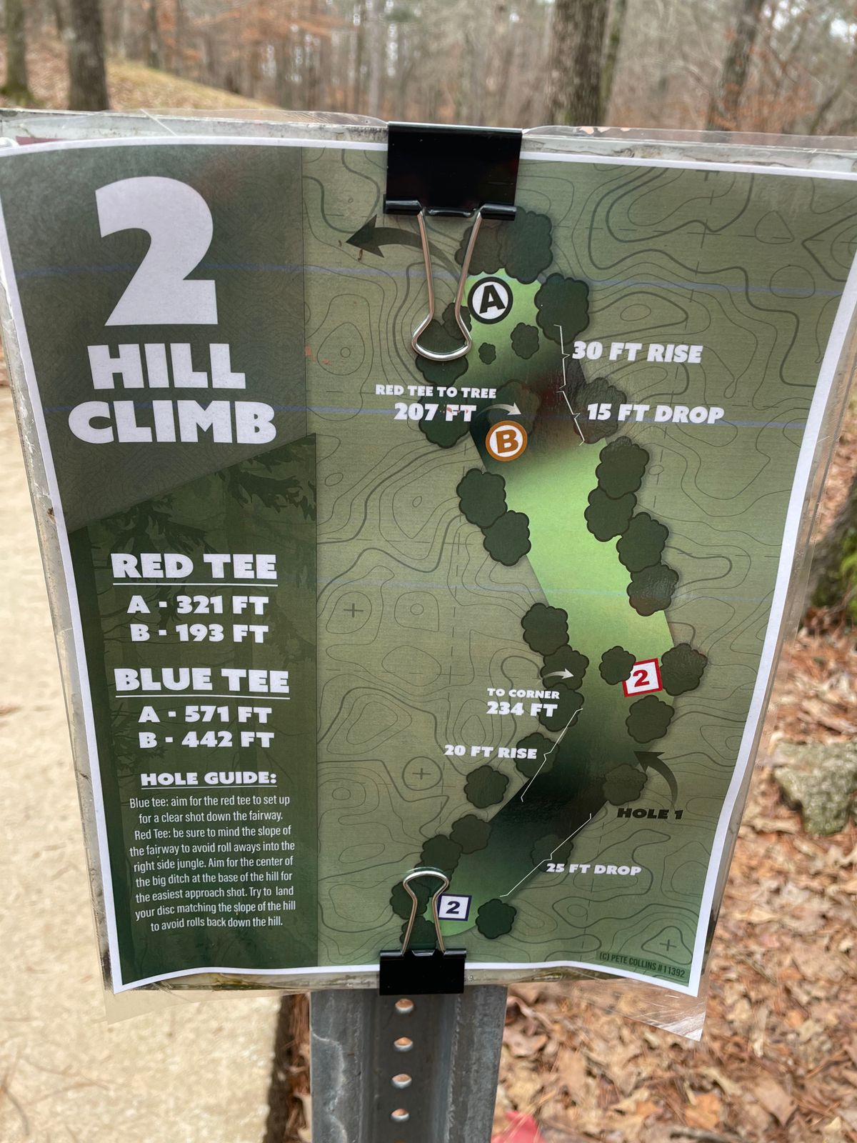 Tee pads have very helpful descriptions of holes. Make sure to watch your discs because they roll
