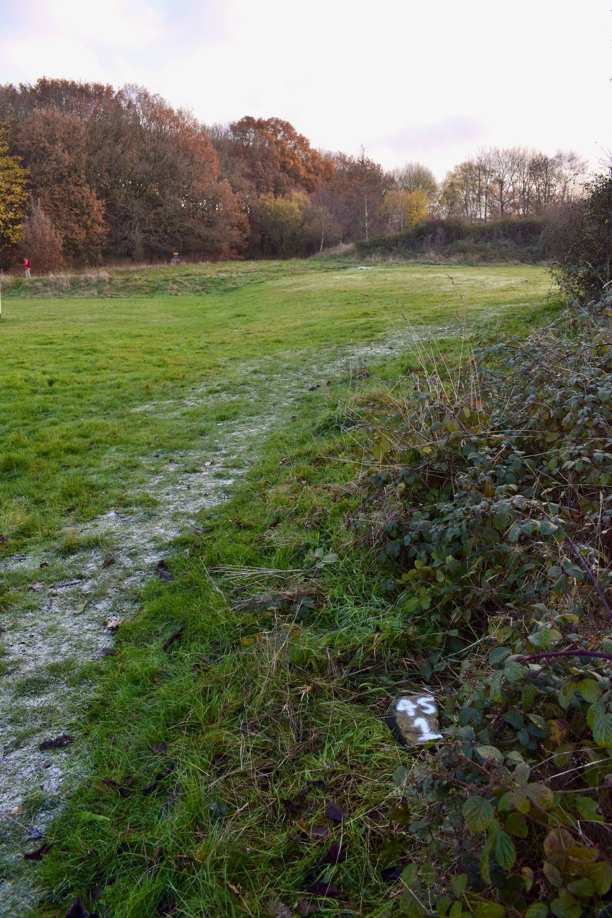 Four Stumps Hole 1 tee.
Throw across the field.  Football pitch is OB.