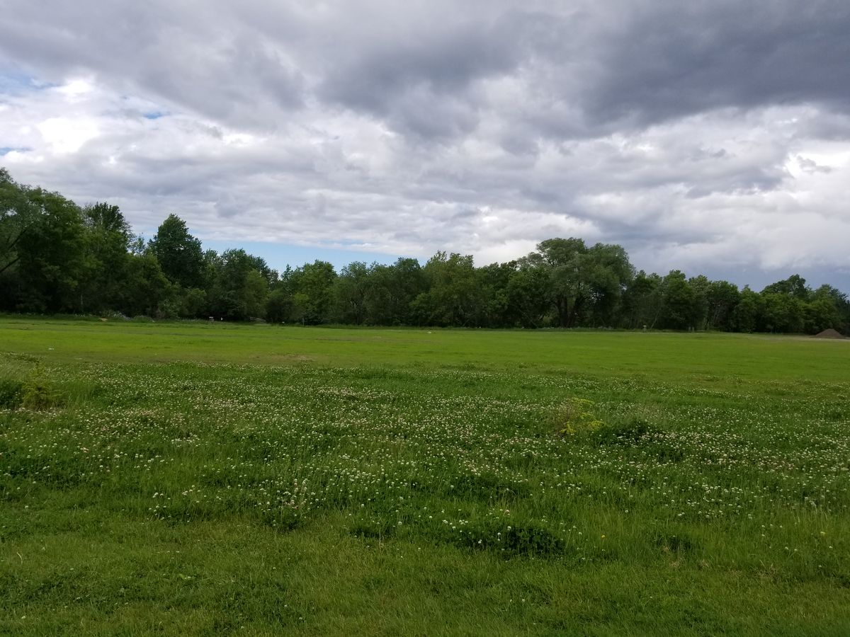 Two holes run along the side of this huge field and then a long hole runs across it.