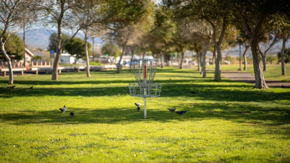 Beautiful shot of basket 17 looking back down the fairway in the direction of the tee pad courtesy of Bullhead City Parks Department 