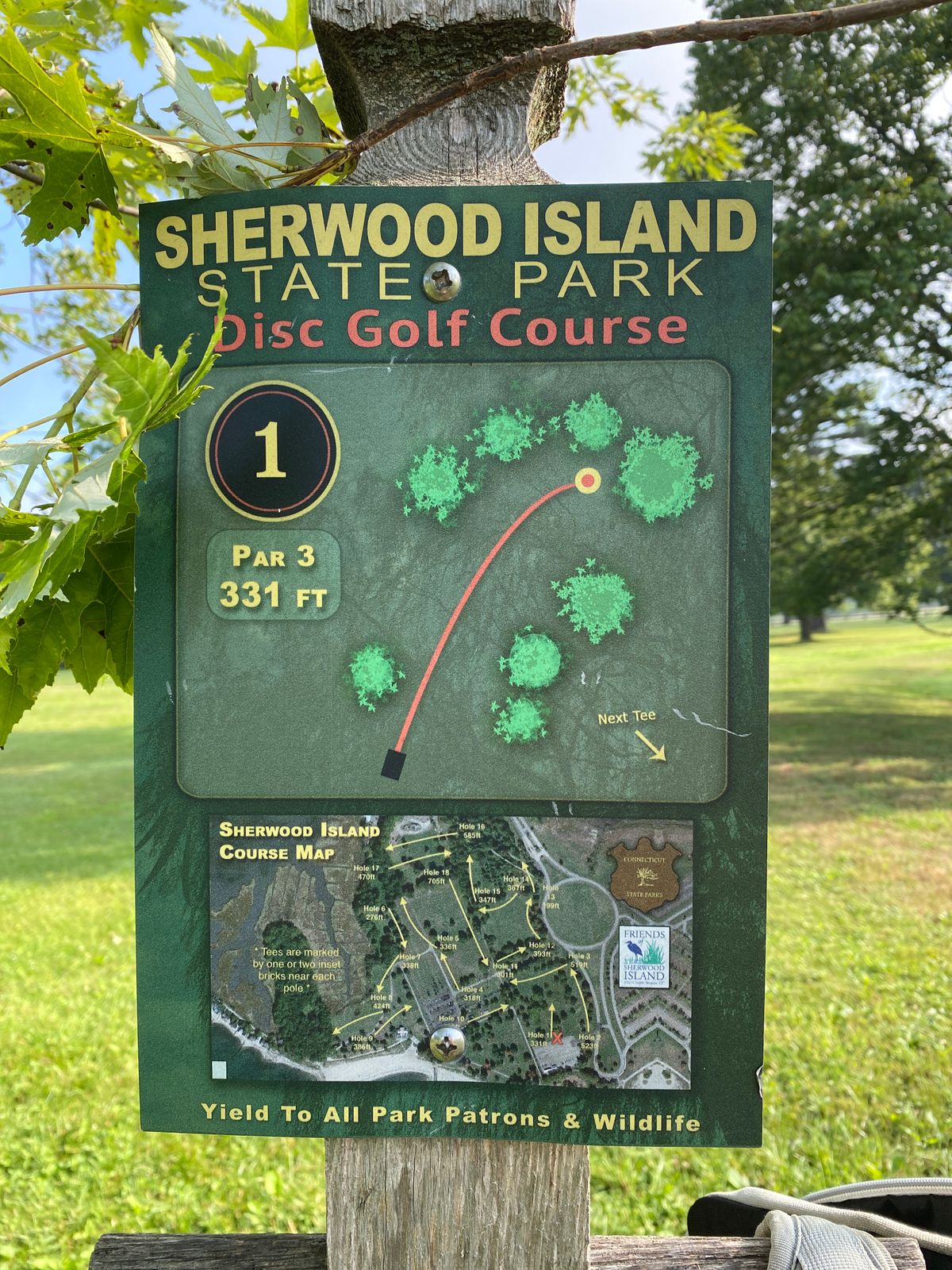 Original basket has been removed; use old practice basket as #1 for both new layouts, and as #18 for "18 on 10"! Little overview map shows old layout (was inaccurate on holes 1 and 2).