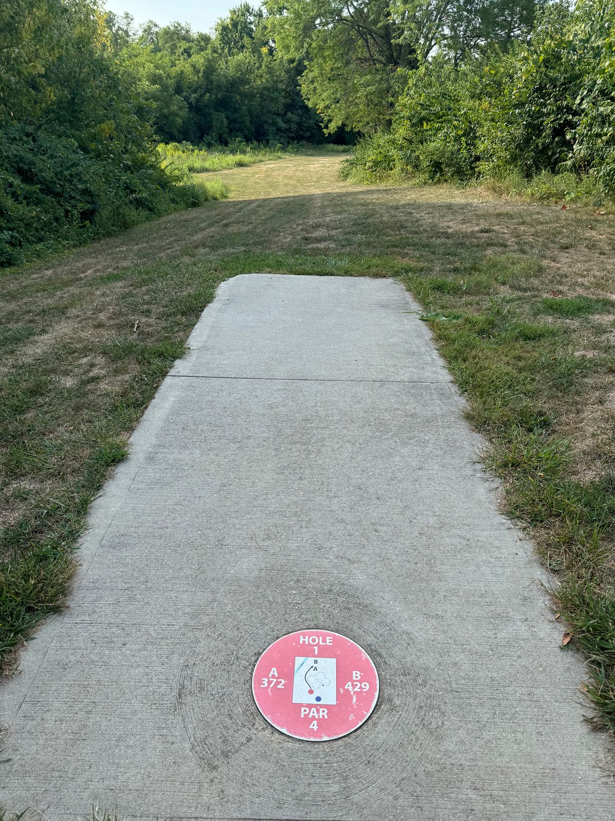 Hole #1. Many baskets can’t be seen from the tee box. Play this course with a friend / spotter.