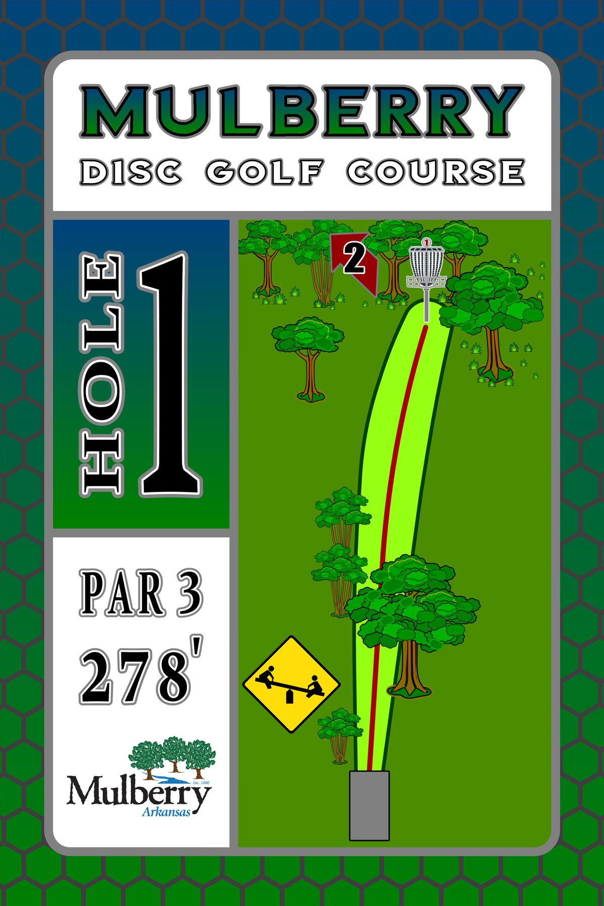 Tee sign hole 1 Mulberry Arkansas Disc Golf Course