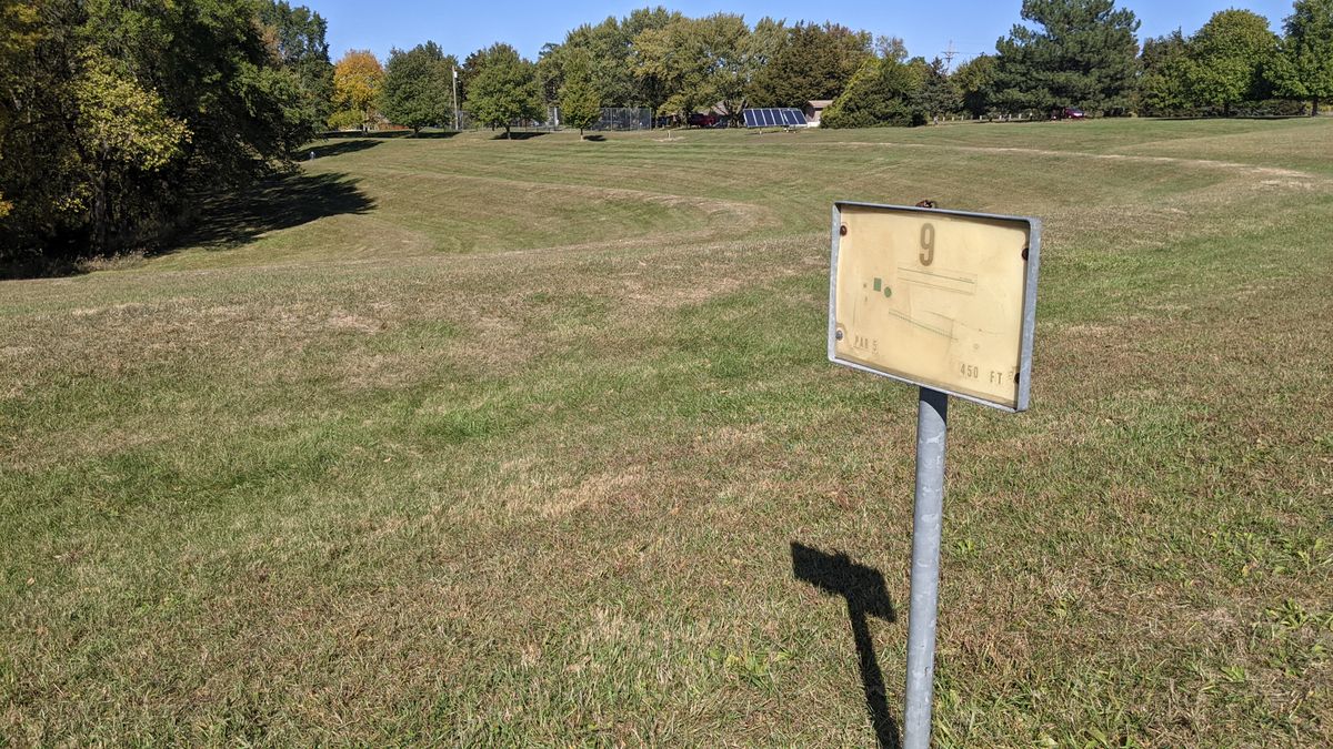 #9 Fairway.  Basket up by Basketball court past solar panels.