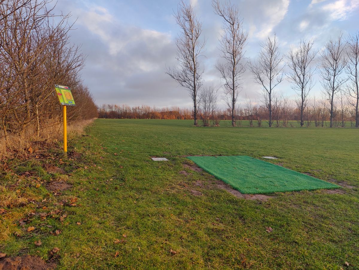 Hole 9: OB on the soccer field. If you've OB, step two meter inside from where you went out. OB is on fields as well, same OB.