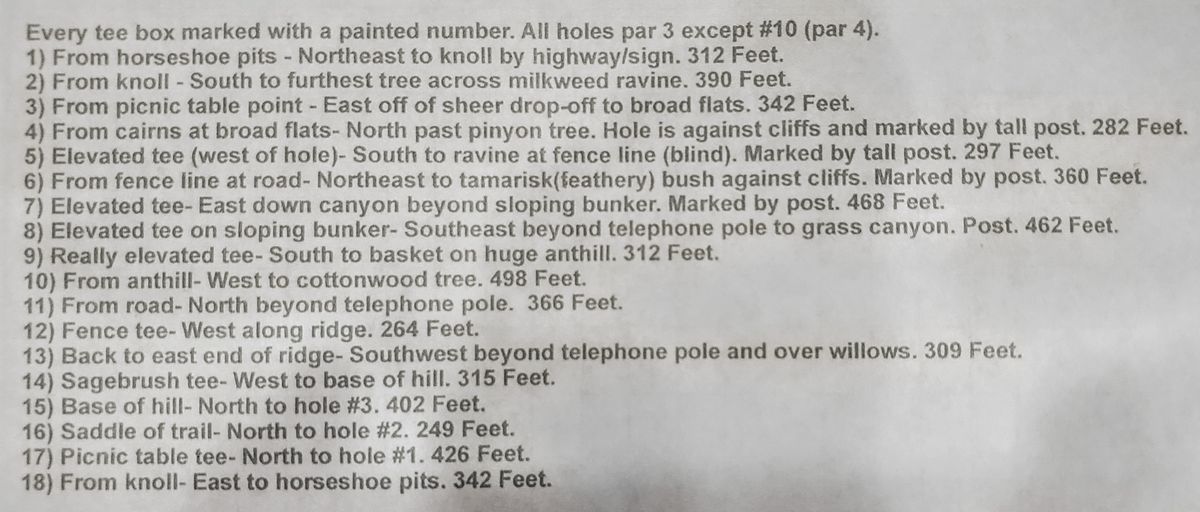 Course instructions, super helpful as the teepads aren't always marked and the baskets aren't marked either.