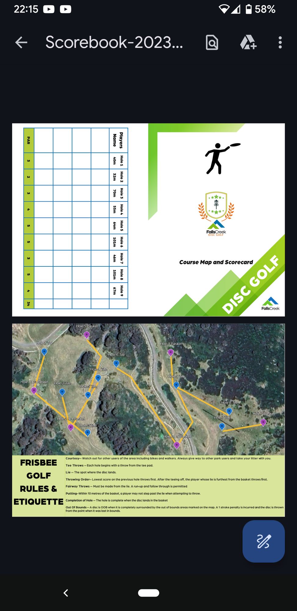 Falls Creek Resort layout map & scorecard