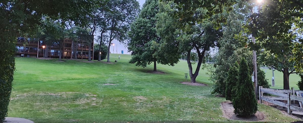 Hole 8 basket with a view of the elevation and course