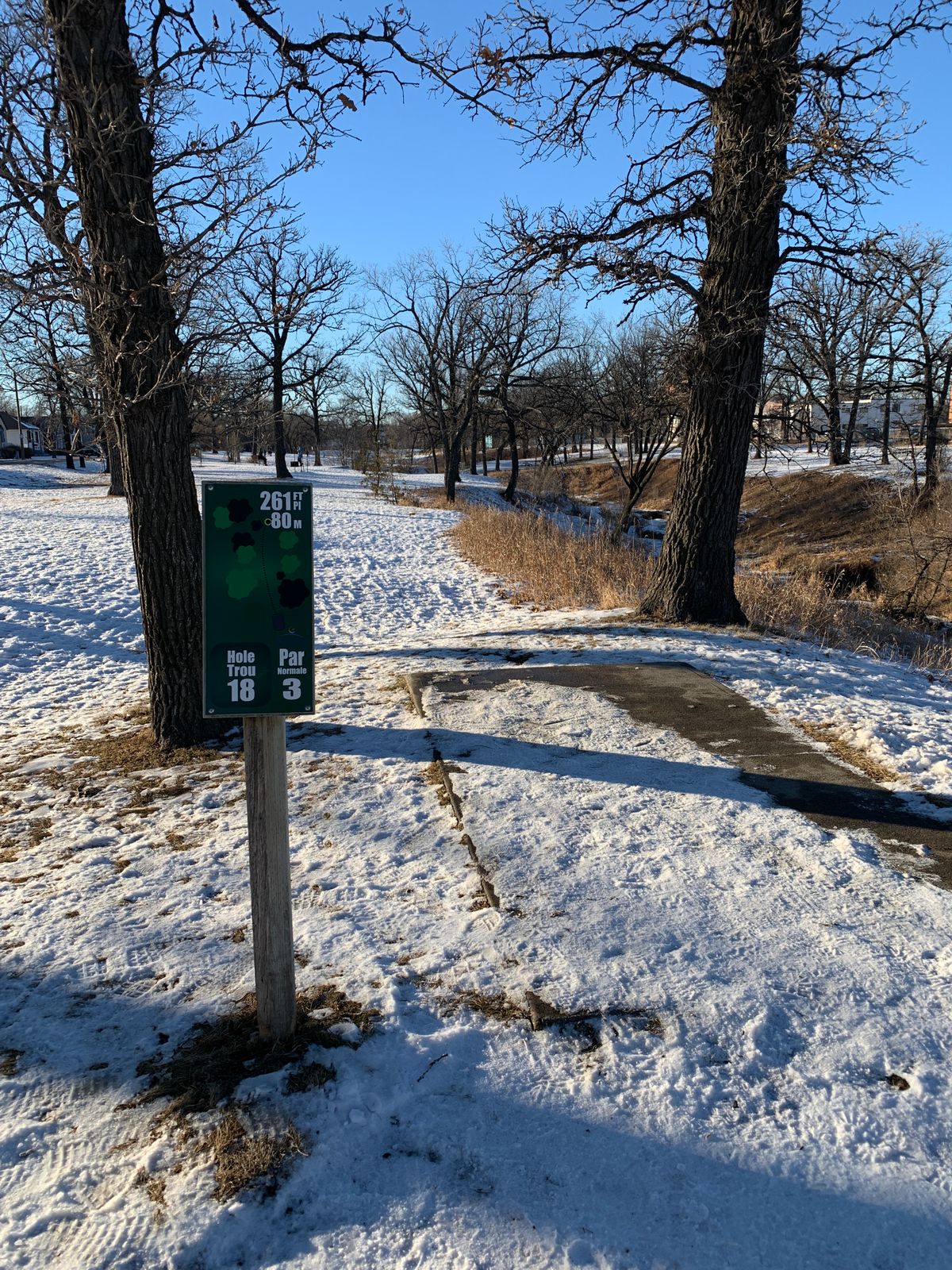 Hole #18. Shares basket with 9. Watch out for road to the left and creek (not now) on the right