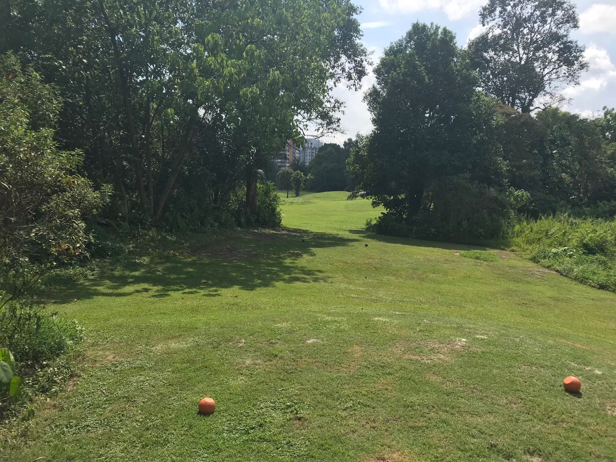 Hole 9 tee. Par 4. OB OB left and up near basket.