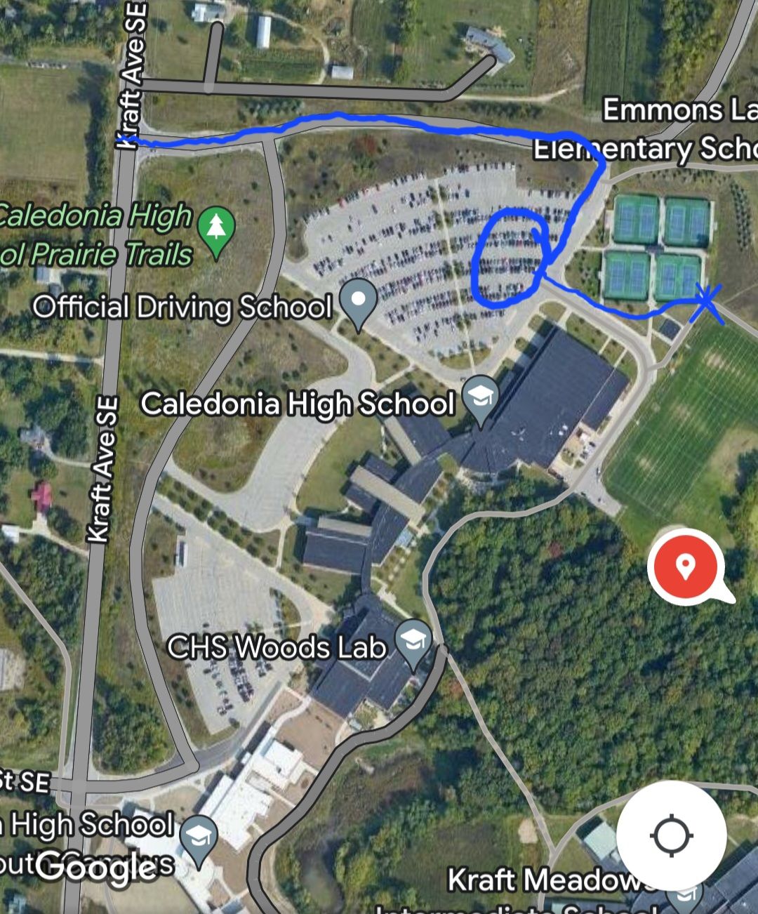 Park in the circle and then walk past the tennis courts to get to the first tee at the fence break to the football practice field.