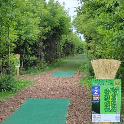 New tee signs, mulch, and brooms added. Hole #2 view from the blue tee.