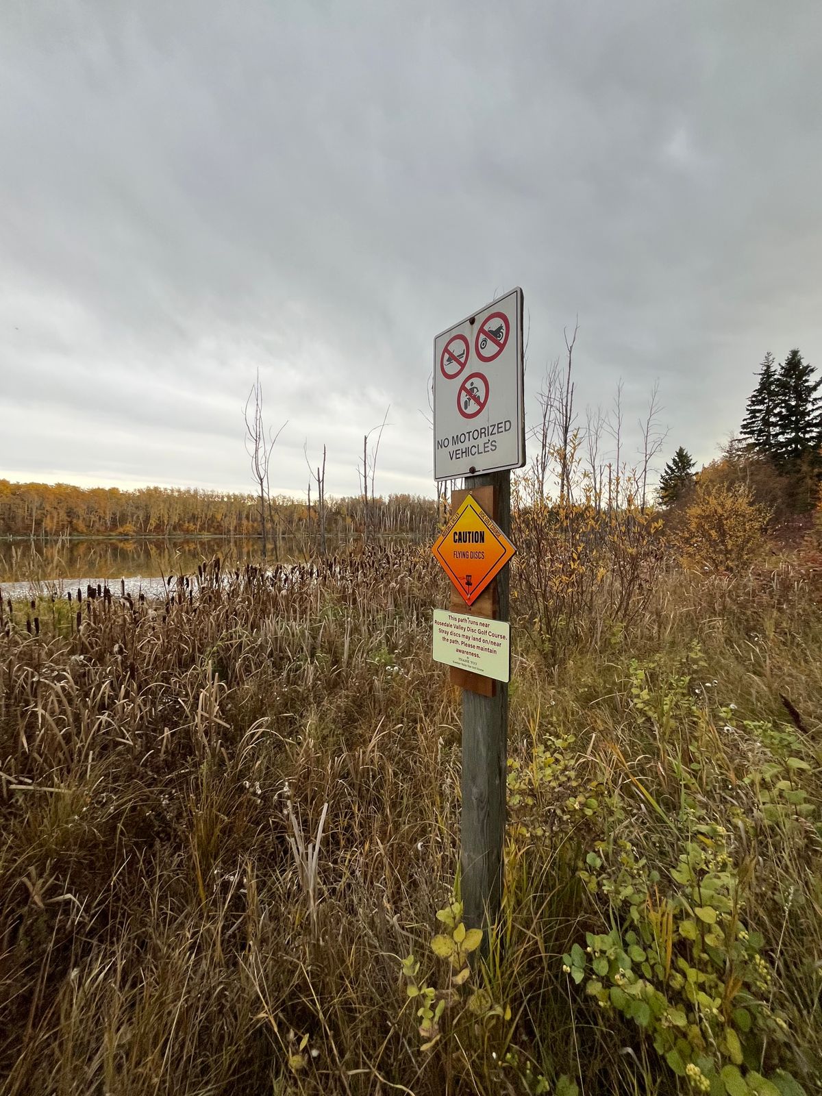 Warning signs on the trail around Elizebeth Lake