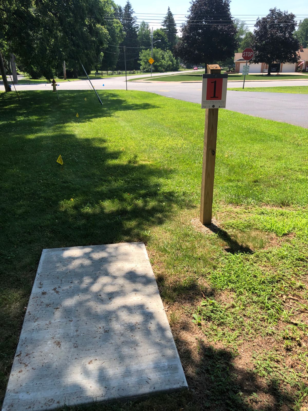 Hole 1 (sign facing wrong way, basket goes the other way)