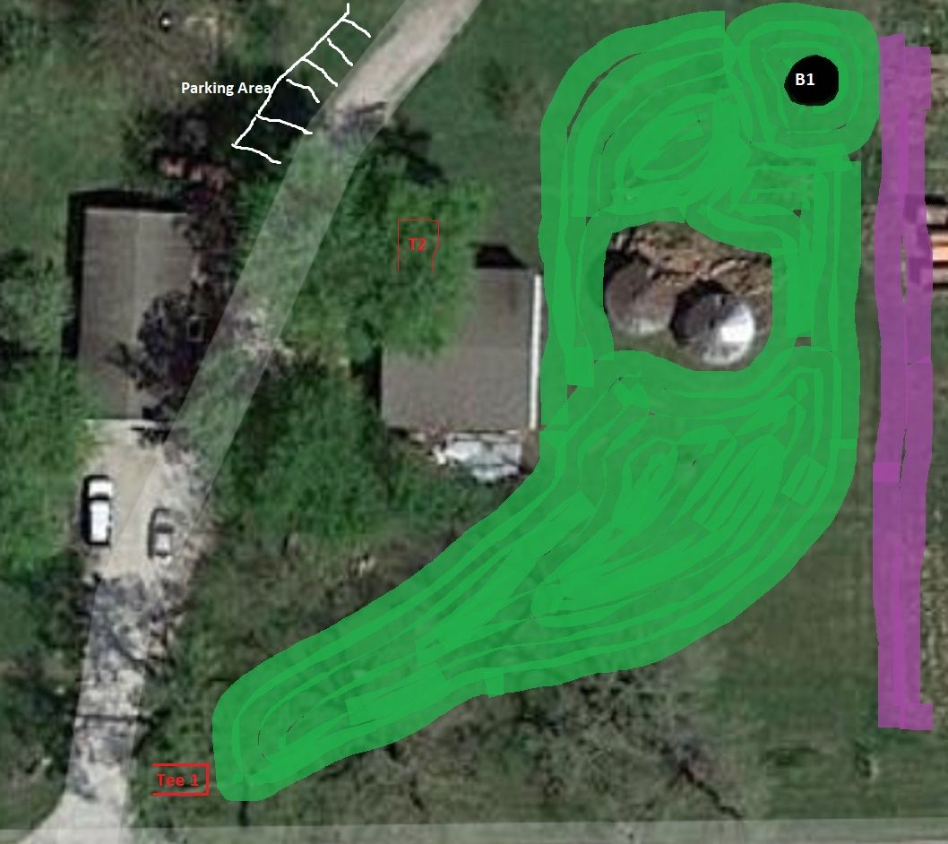 Basket 1. Parking area ( follow the driveway, park in the grass.). Purple is out of bounds.