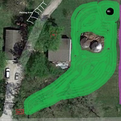 Basket 1. Parking area ( follow the driveway, park in the grass.). Purple is out of bounds.