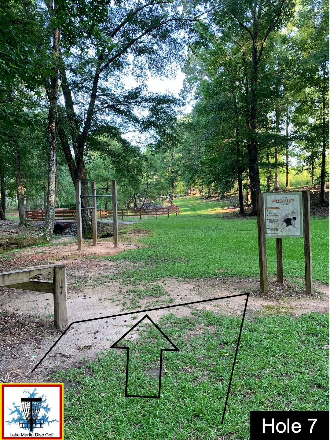 Line between the push-up sign and the balance walk beams to 3rd basket