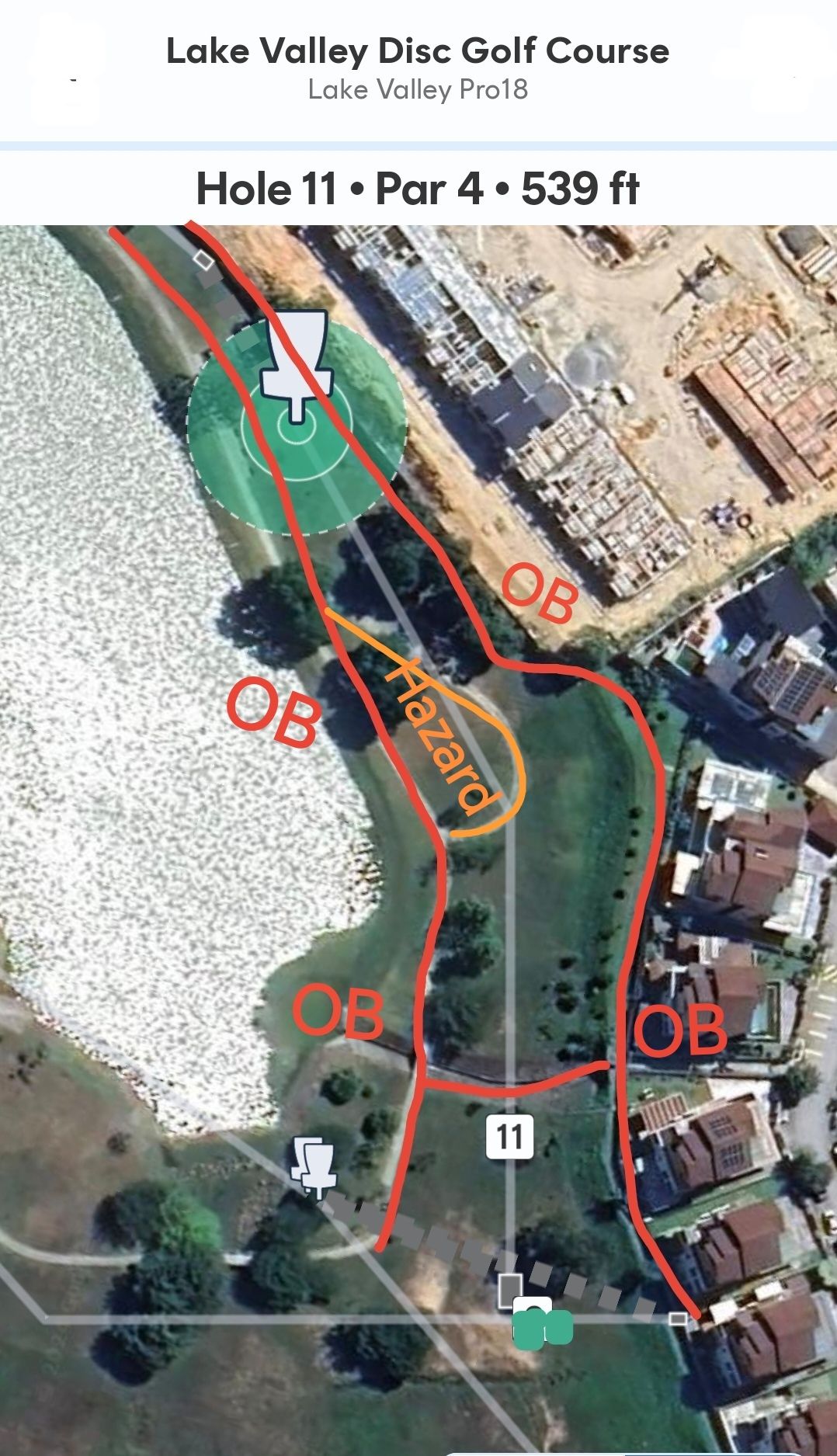 Path on left is OB. Concrete Ditch on right is OB.
Water-drop island shaped Hazard area at middle left is Hazard area with 1 stroke penalty, throwing next from where disc landed spot. 