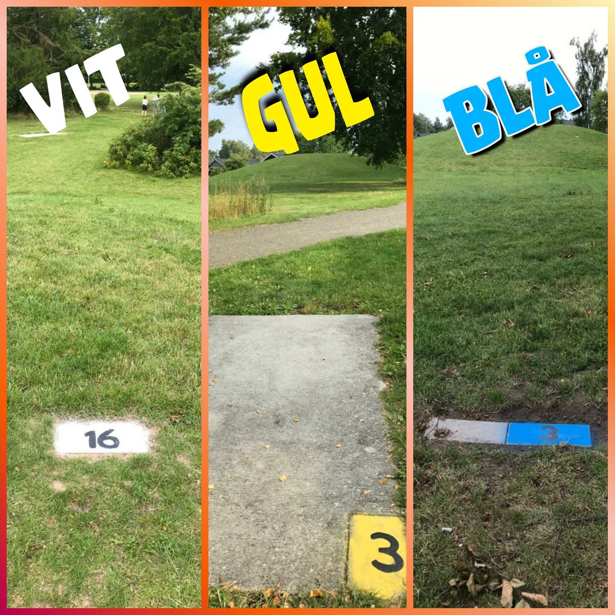 Tre möjligheter: Gul, Vit och Blå bansträckning
