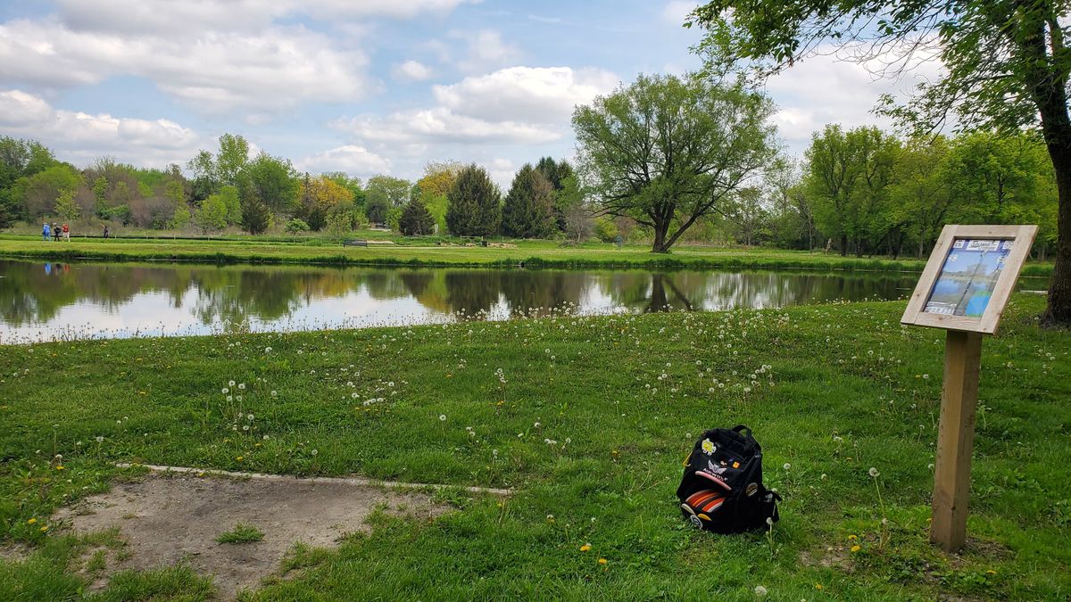 Long tee, hole 13.  Pin slightly left of tree base.