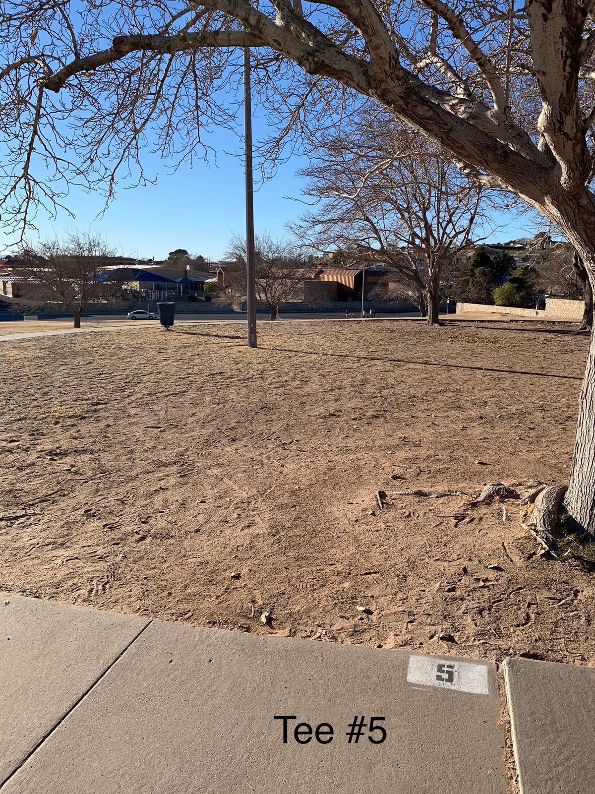 Some tees are on the sidewalk. There are arrows on the baskets directing you to the next tee.