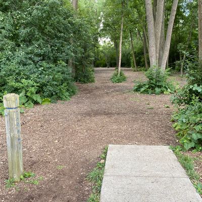 Multiple concrete tee pads with marked posts and next tee directions on each hole.