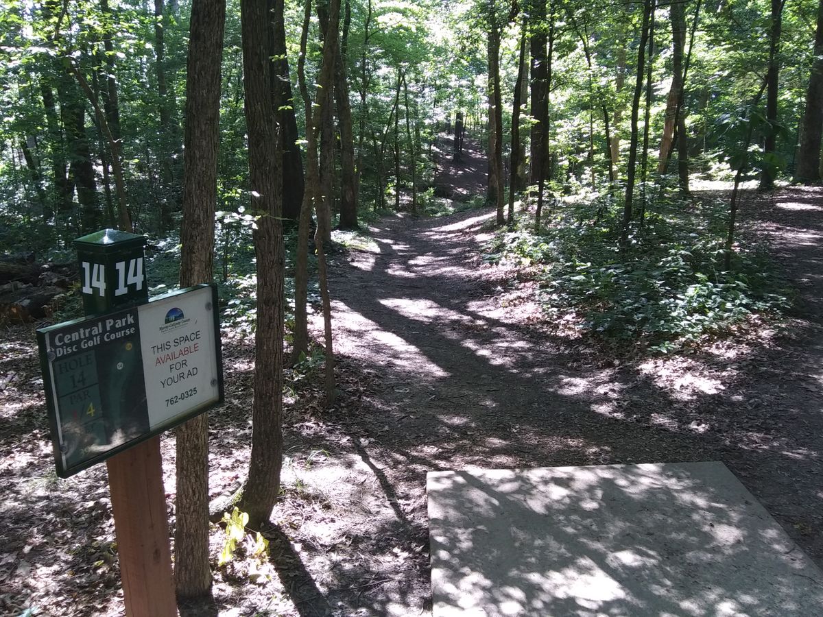 #14 pad.  The fairway is downhill, then uphill to the right.