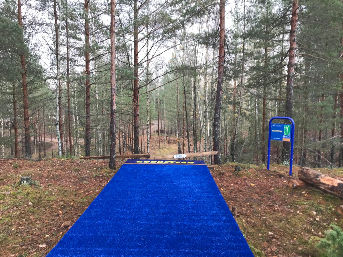 17-väylä: 68m, Par3 (tällä väylällä suurin korkeusero ja heitetään alamäkeen. Kori kummun päällä)
