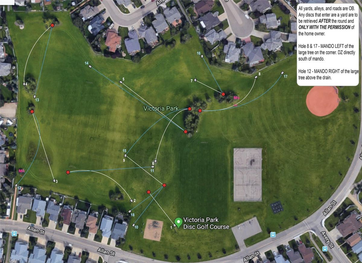 2020 League Layout - avoids soccer fields. On League nights (Tuesdays @6:15) we flag holes 10-18.
