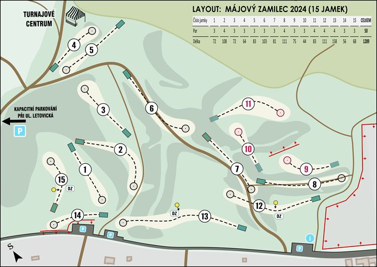 Tournament layout with three temporary holes (red) added after normal #8.