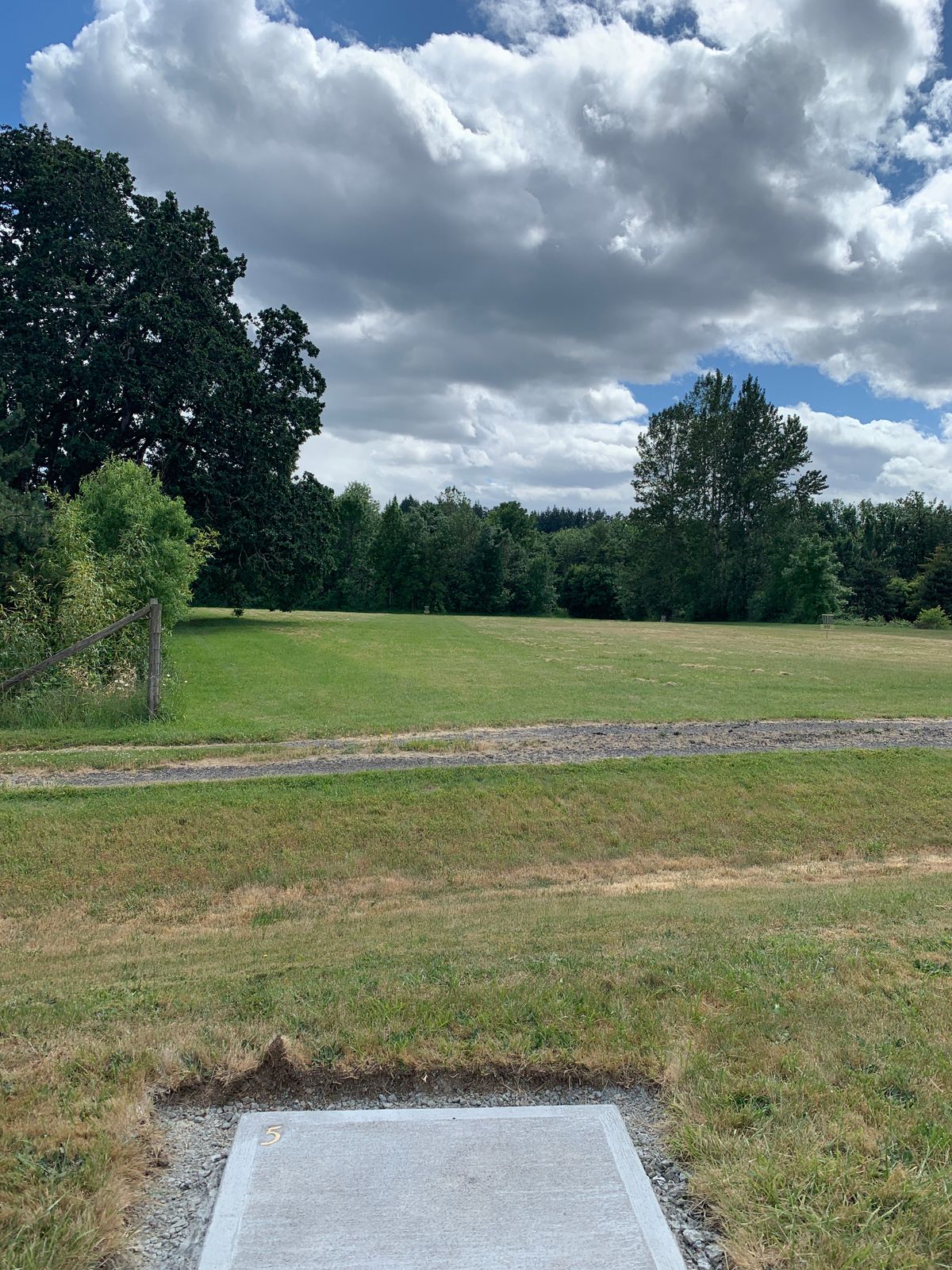 Hole 5 tee. About 375 wide open hyzer.