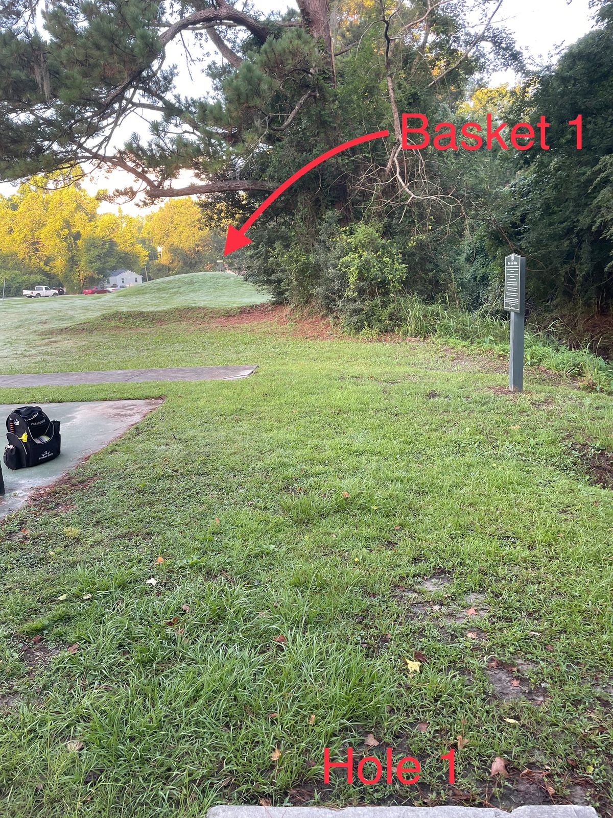 Hole 1 - functional mando to left of large tree