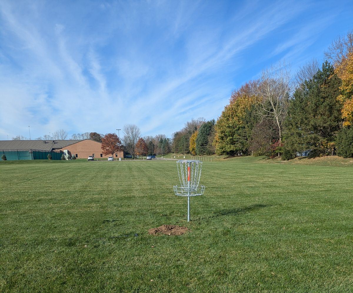 Hole 1 basket, looking back at the tee.