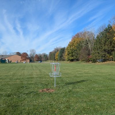 Hole 1 basket, looking back at the tee.
