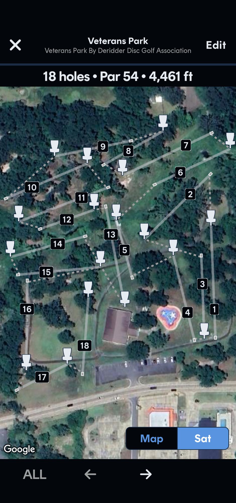 Overhead view of veterans park by deridder disc golf association layout