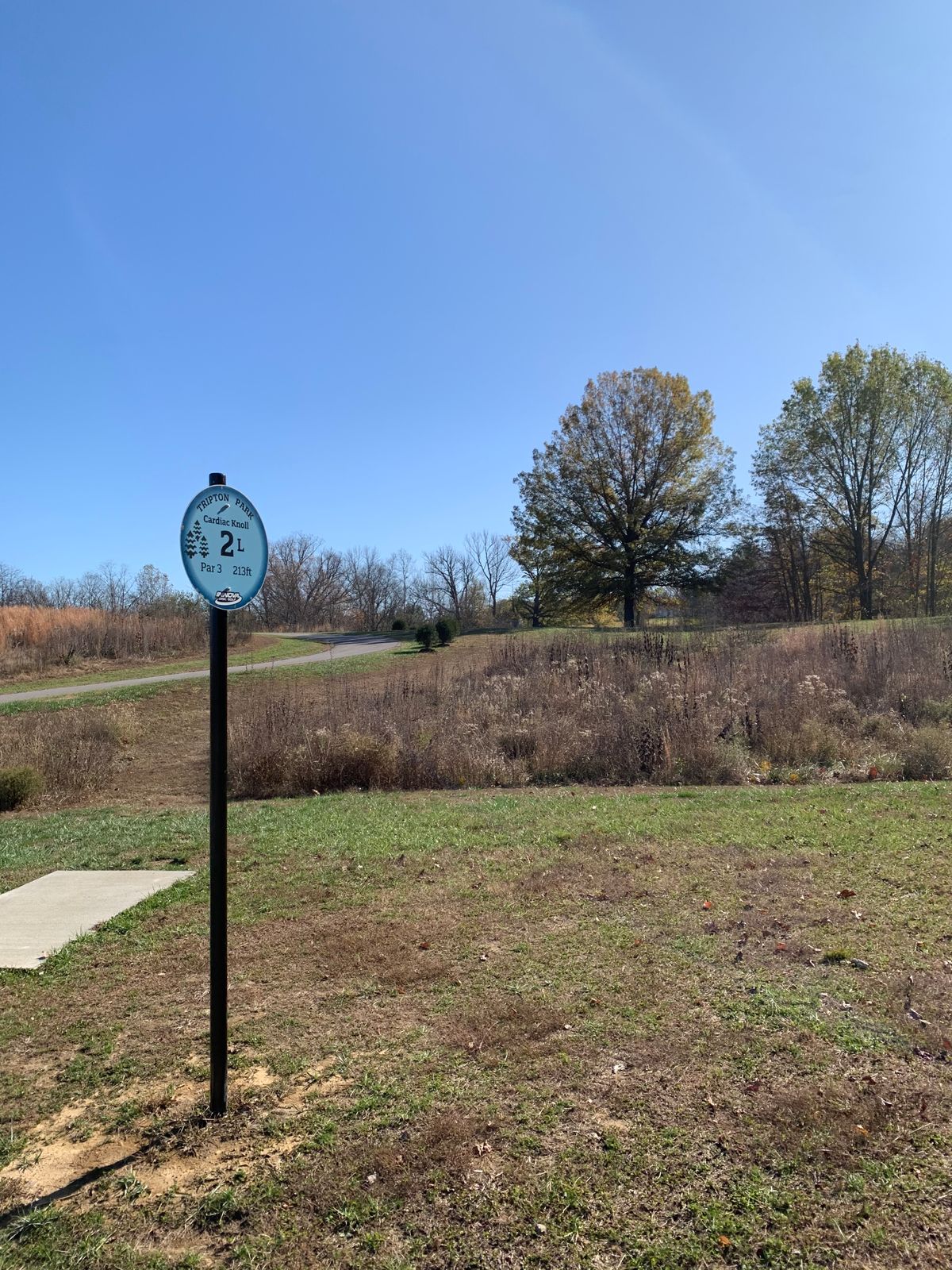 2nd hole long pad. Requires a soft shot, ideally short of the basket because of the hill behind it.