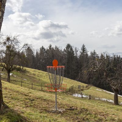 Green of hole 18 with tee pad of Hole 17 in the background. You can also see the slope which defines the main difficulty of several holes.