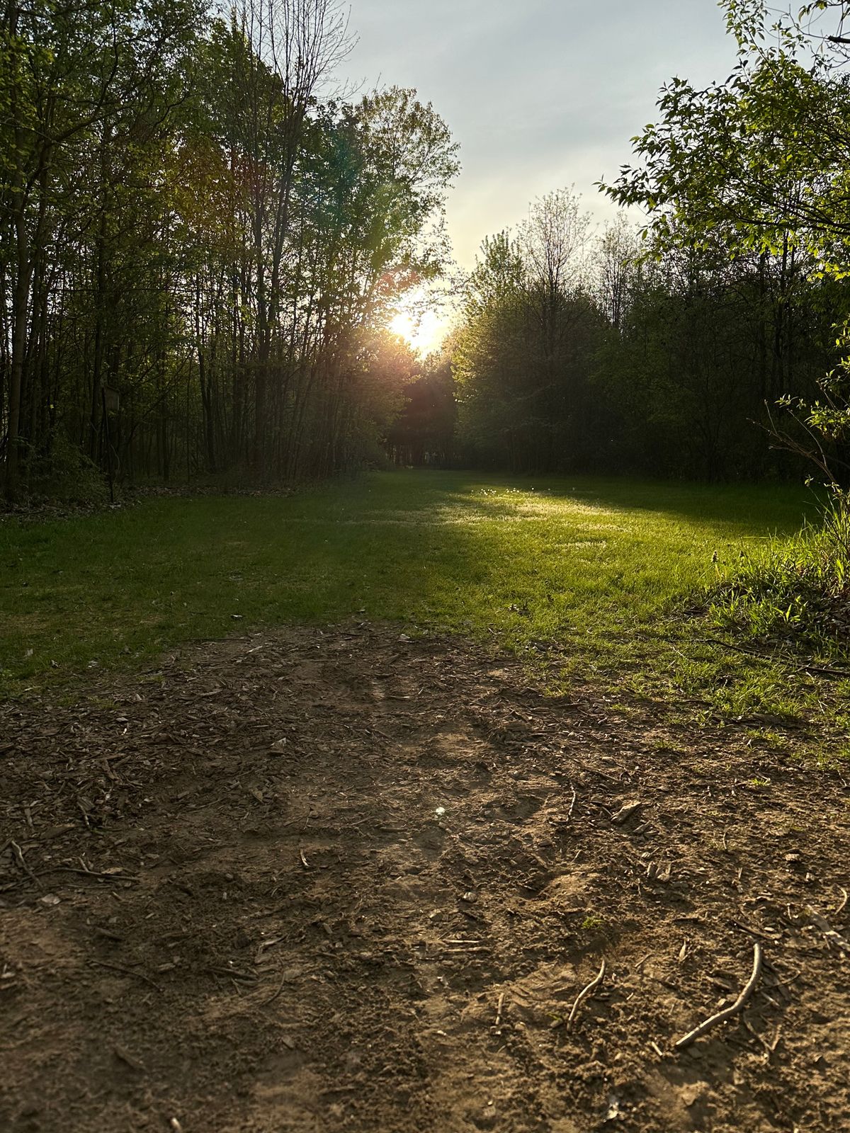 The dirt teepad and fairway of hole 8.