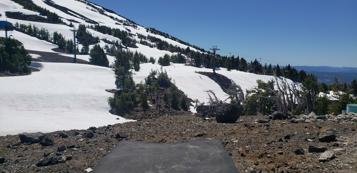This is the first hole. Shooting across a valley to a flat about 375' out. Lots of snow in this picture, it melts mid-late July.