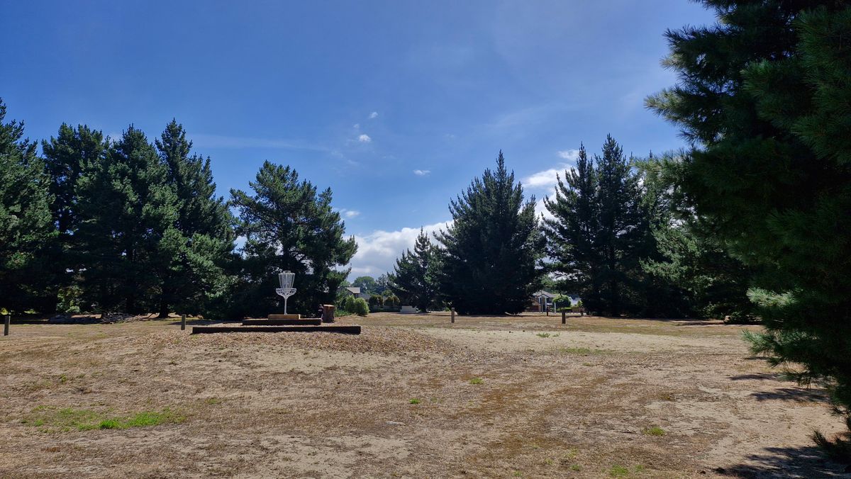 From the fairway of hole 7 looking back towards the beginning of the course (hole 3 pyramid basket)
