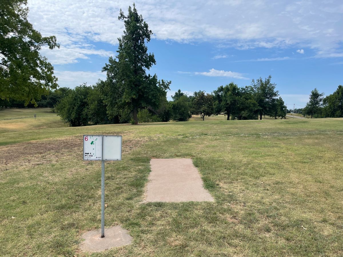 Hole 6 - 450ft Par 4. Blind basket past the trees, creek, and more trees.